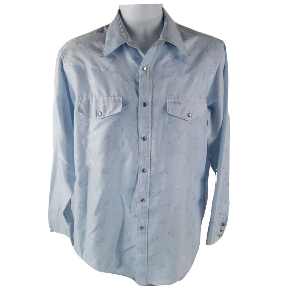Vtg Stetson Saddle Tail Mens Shirt Sz L Embroidered Horse Pearl Snap Cowboy Blue
